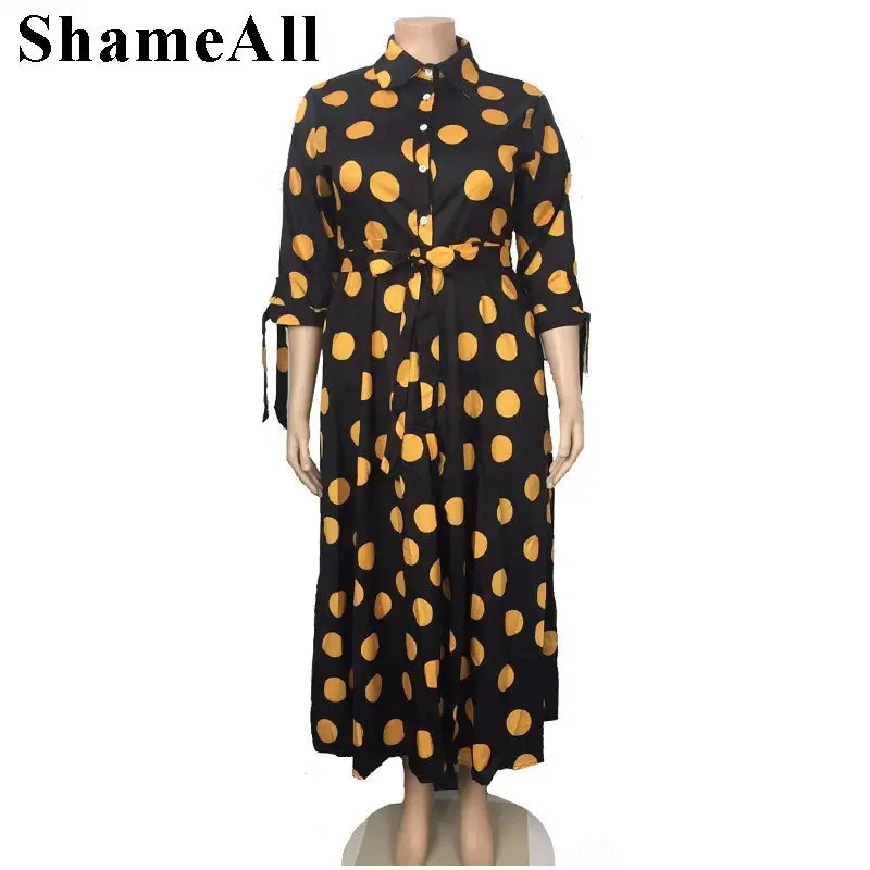 Plus Size Three-quarter Sleeve Polka Dot Long Maxi Dress with Belt 4XL Vintage Elegant High Waist Sashes Button Up Shirt Dress