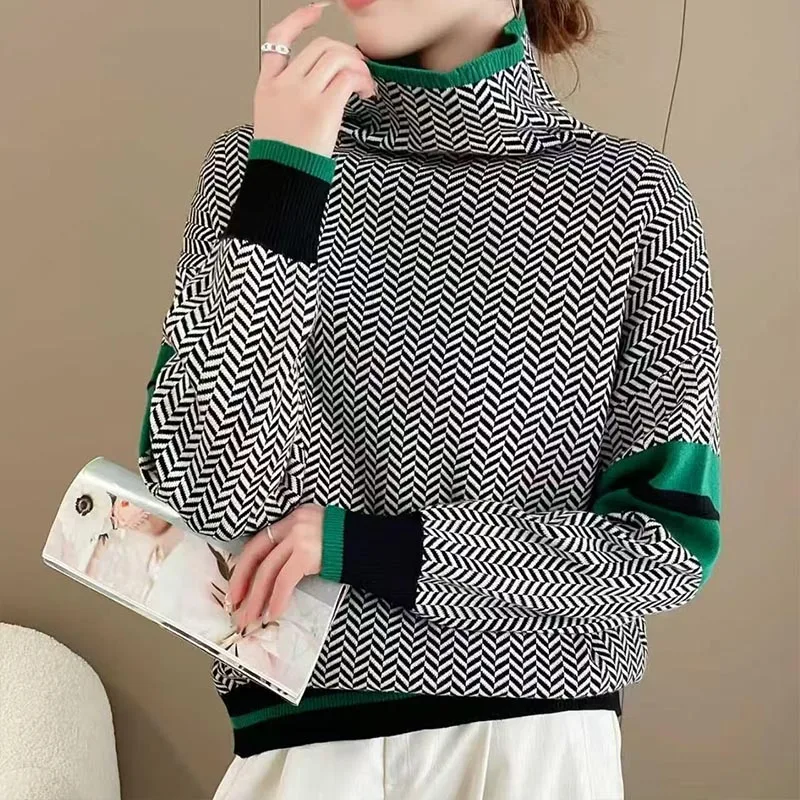 

Women's Clothing Fashion All-match Geometric Patchwork Sweaters Autumn Winter Casual Long Sleeve Knit Pullovers Office Lady Tops