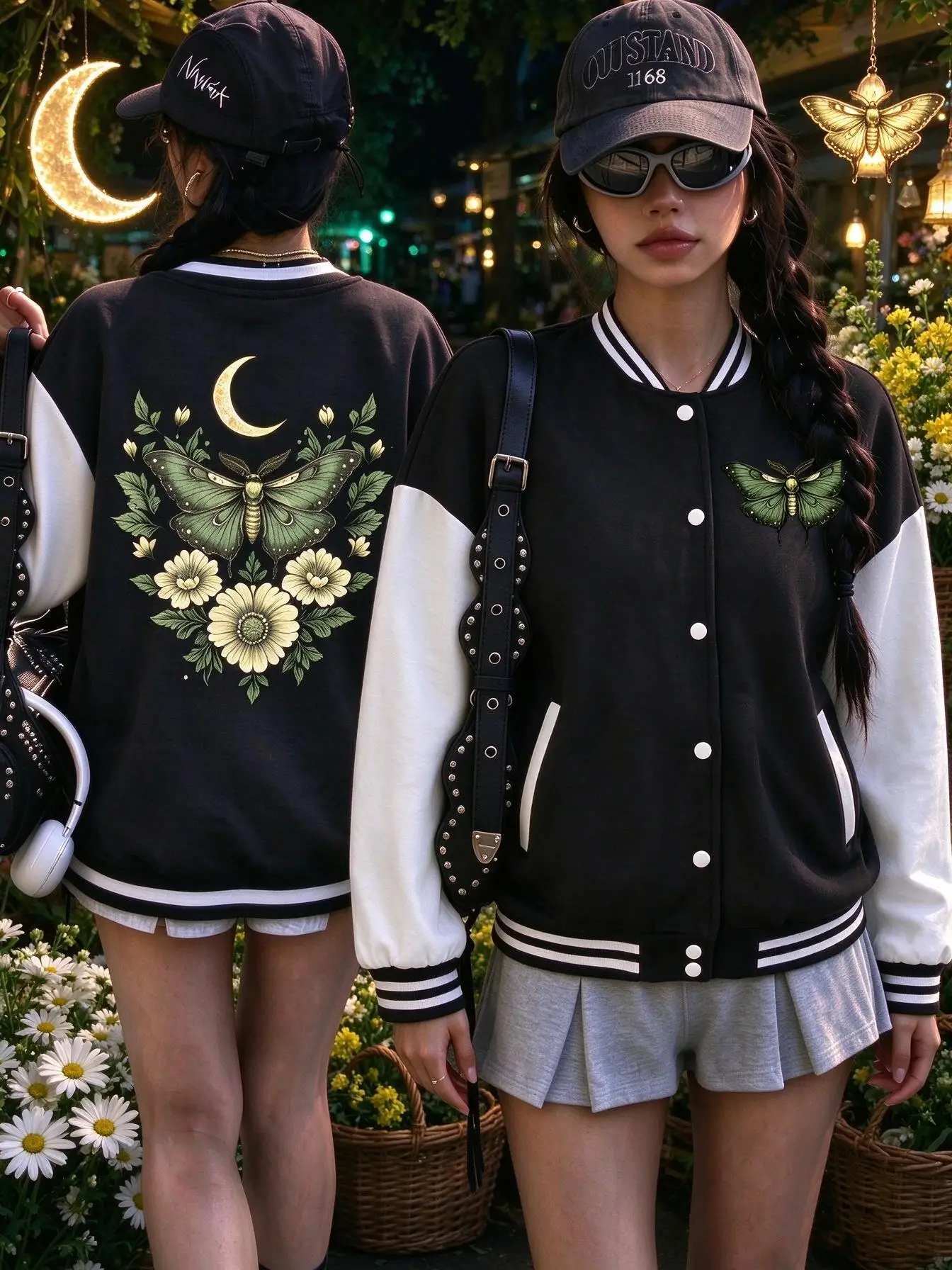 Green Luna Moth Moon Floral Graphic Design Women Baseball Uniform Fleece Loose Streetwear Autumn American Clothes Casual Jacket