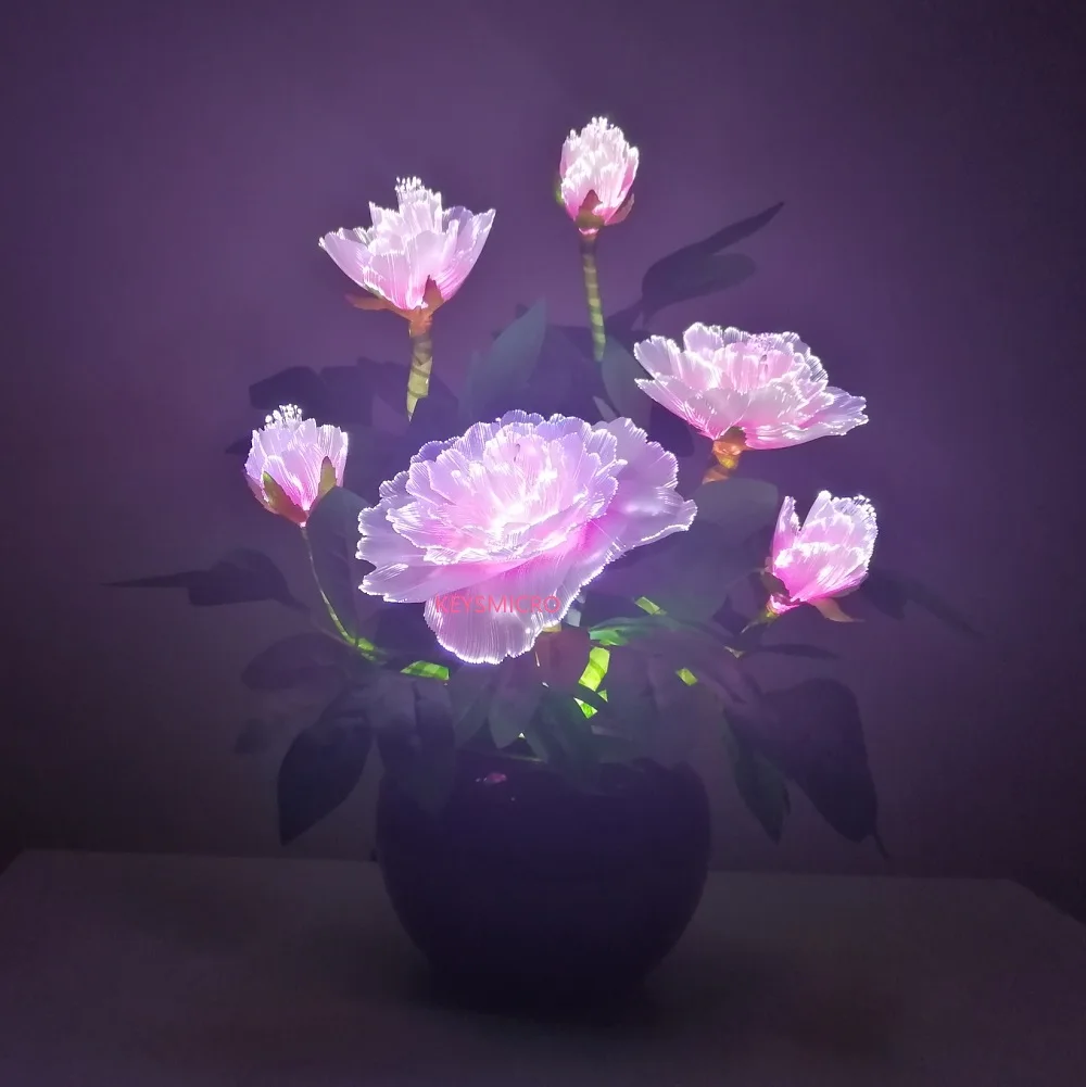 Fairy Optical Fiber Colorful Peony Flower with Fiber Optic Wire Spun Silk Plastic Novelty Artistic Home Party Shop Decoration