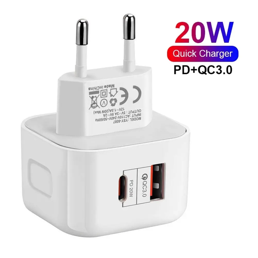 Suitable for Apple Mobile Phone PD Fast Charge Android European Standard Charging Head 20W Dual-Port USB + Type-C Charging Port