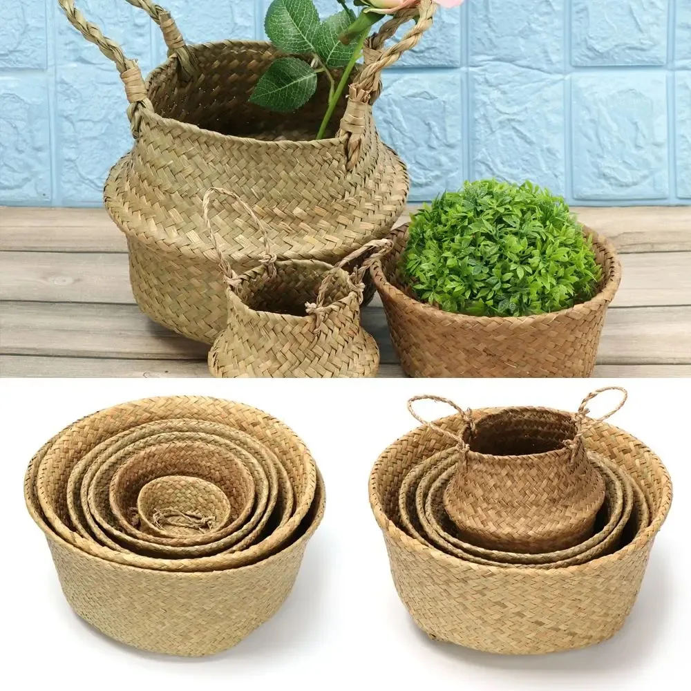 Seagrass Wicker Woven Storage Basket Planting Flower Pot Folding Organizer Laundry Basket Home Garden Belly Mimbre Basket