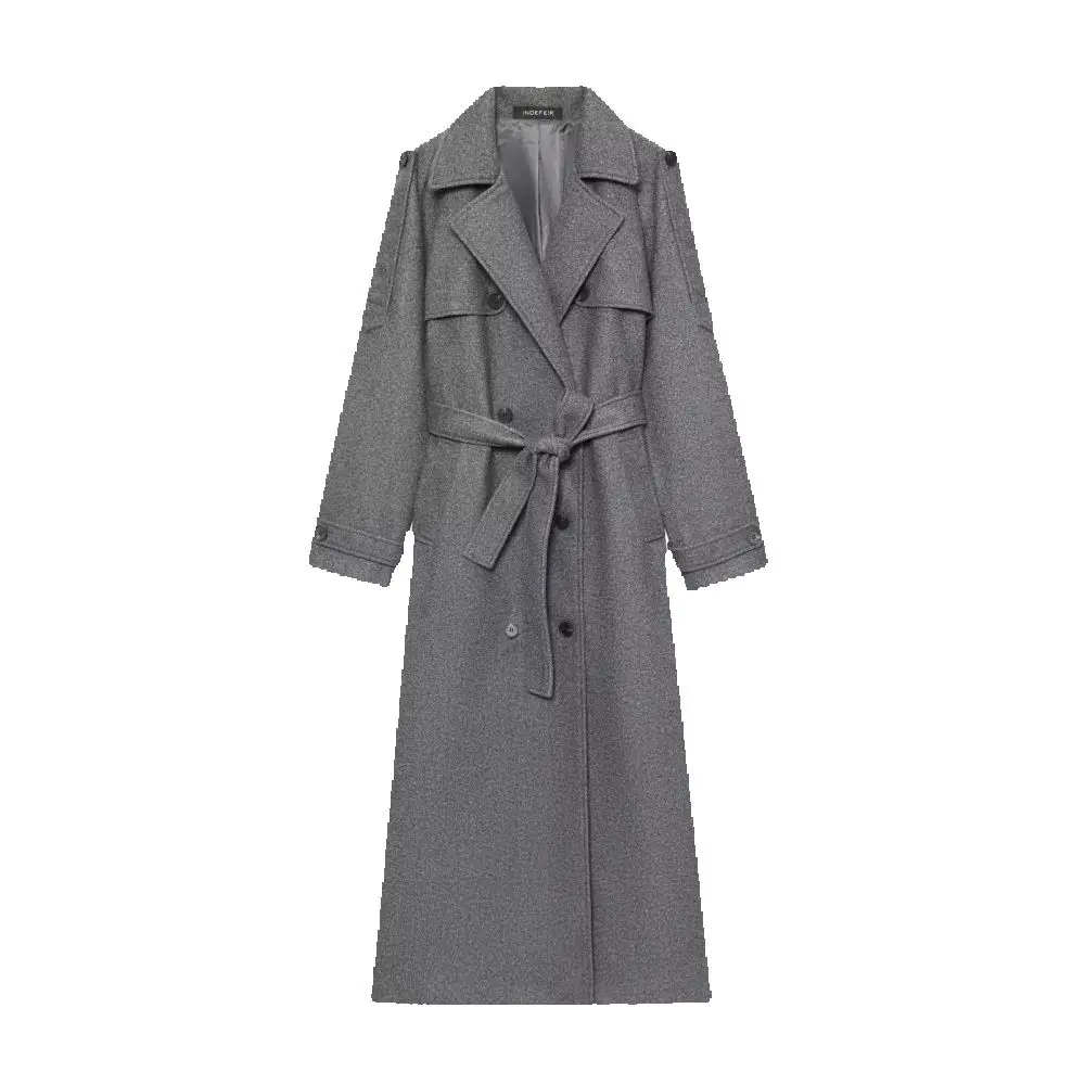 

Женский свободный крой, большой воротник, длинные рукава, пуговицы с карманом на поясном ремне, осенне-зимний новый высококачественный шерстяной ретро