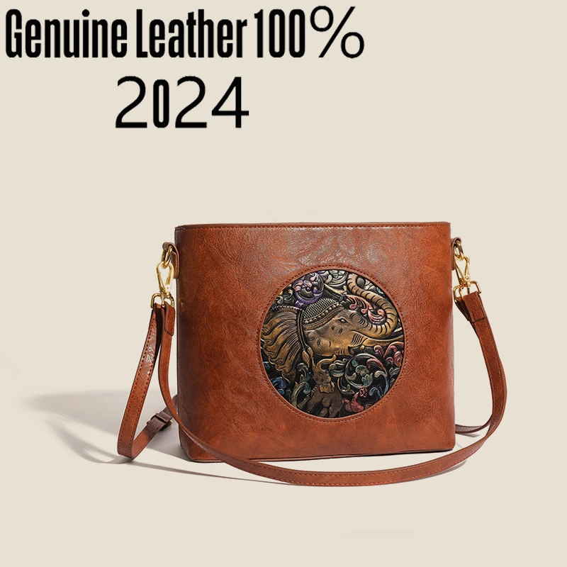 2024 Authentic Genuine Leather Women\'s Shoulder Bag Fashionable Animal Embroidery Pattern Large Capacity Women\'s Shopping Bags