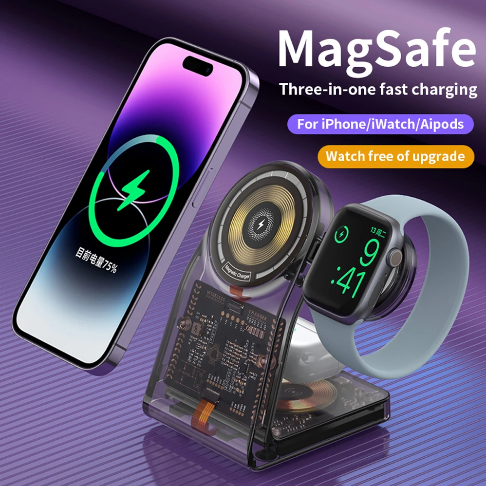 

15W 3 in 1 qi Wireless Charger Stand Transparent Magnetic Fast Wireless Charging for Apple Watch 8 iPhone 14 13 12 AirPods