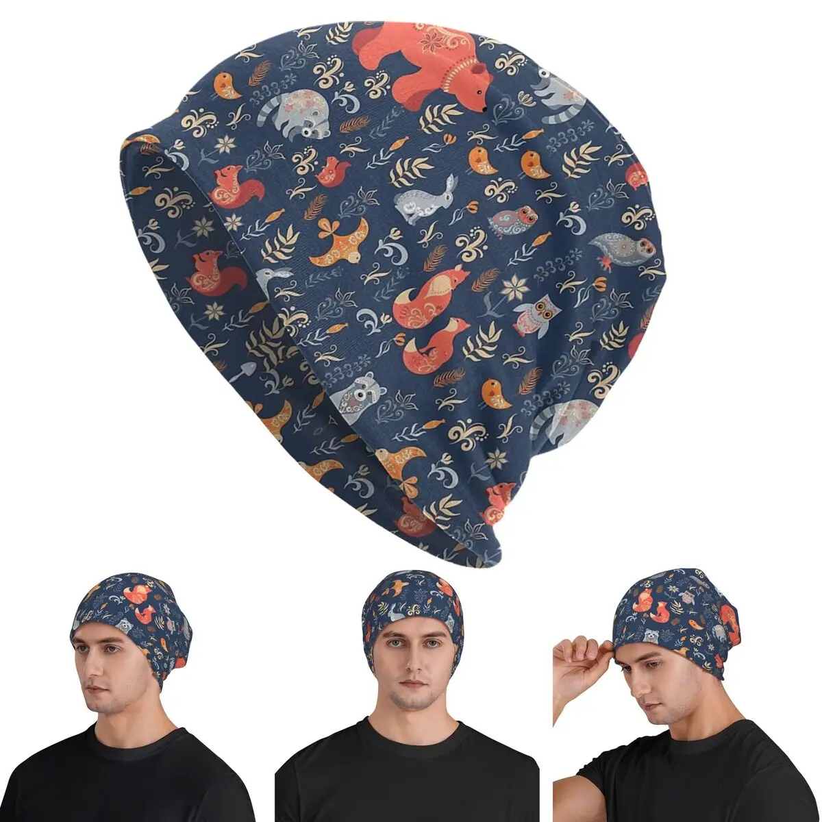 

Fairy-Tale Forest. Fox, Bear, Raccoon, Owls, Rabbits, Flowers And Herbs Skullies Beanies Hats Autumn Cap Knitted Bonnet Caps