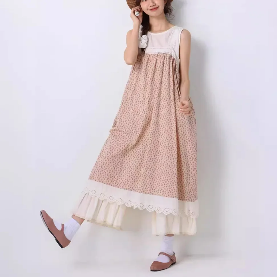 

Весна 2024, новое японское платье-жилет без рукавов с круглым воротником, хлопково-льняное платье с вышивкой, Vestidos, свободное милое длинное платье для девочек