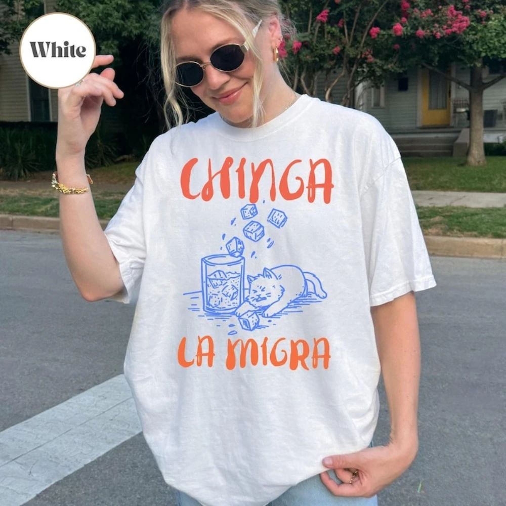 Chinga La Migra Cat shirt Liberal Social Justice Protest Doodle Coffee Club Style Tee