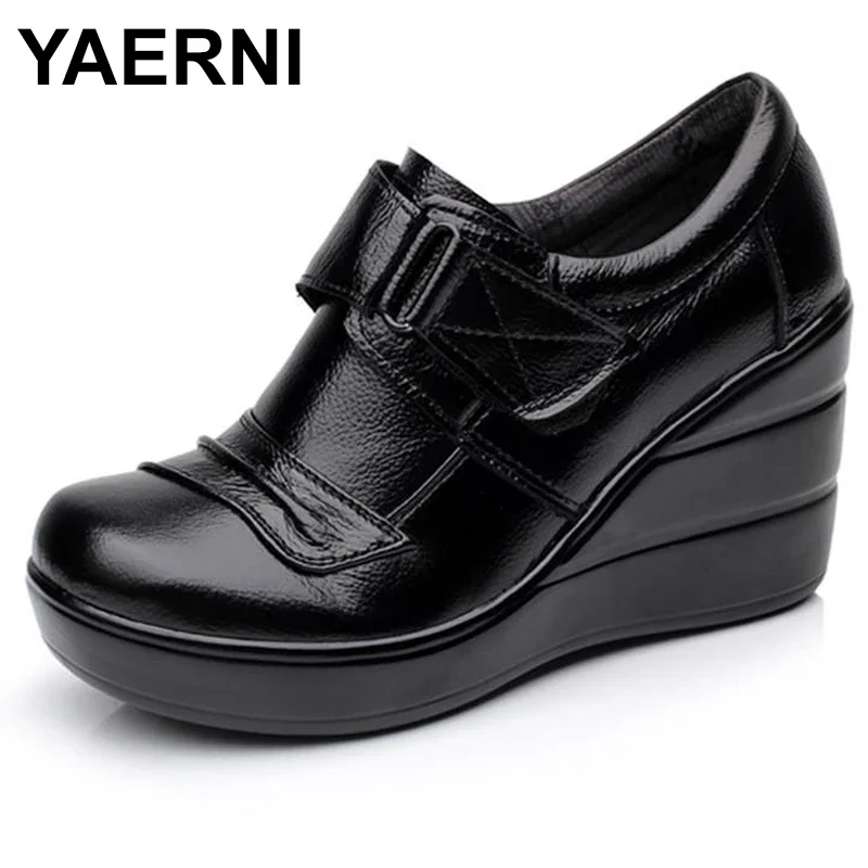 

YAERNI Cowhide genuine leather platform spring and autumn deep mouth single shoes high-heeled platform women's shoes wedges E431