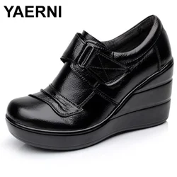 YAERNI Cowhide genuine leather platform spring and autumn deep mouth single shoes high-heeled platform women's shoes wedges E431