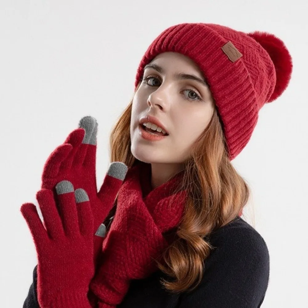 3Pcs/Set Warm Winter Hat Scarf Gloves Set Thicken Windproof Knit Beanie Snood Set Lining Soft Scarf Neck Warmer Suit