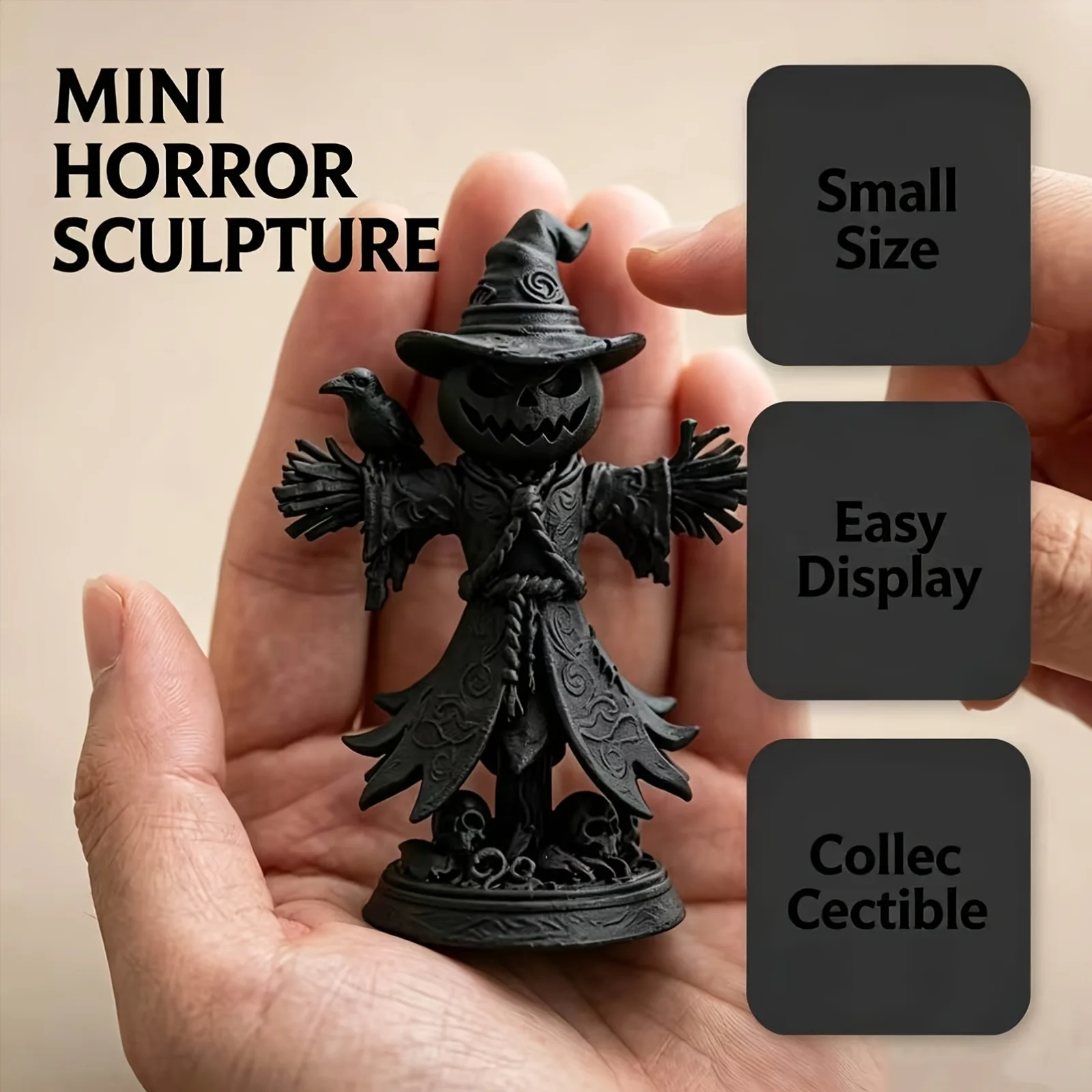 Pumpkin Scarecrow with Crow Miniature Statue 3D Printed Halloween Spooky Home Desktop Ornament Gothic Decor Horror Figurine Gift