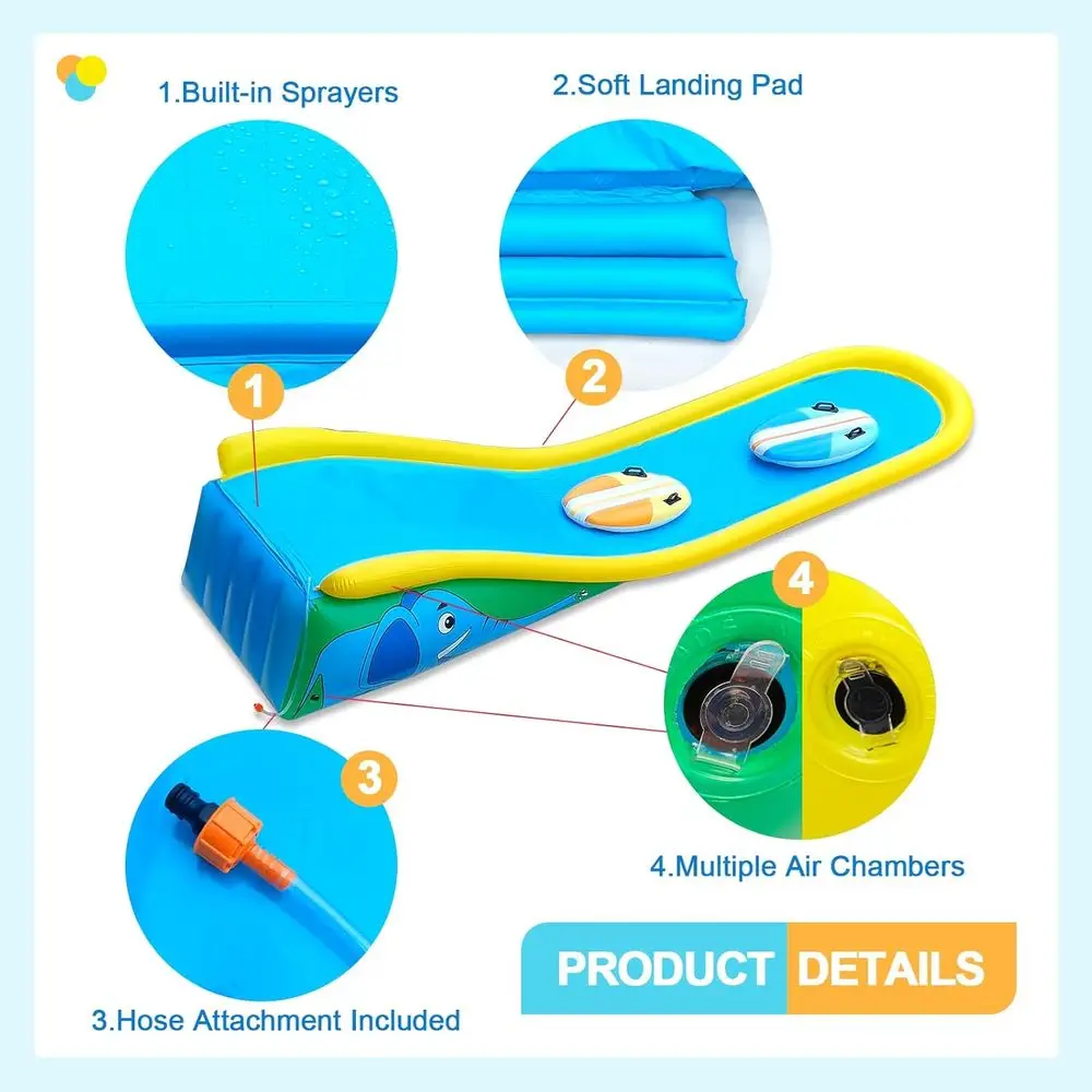 สไลเดอร์น้ำเป่าลมพร้อมสปริงเกอร์สำหรับเด็ก, สไลเดอร์น้ำสูง 15 ฟุต พร้อมกระดานโต้คลื่นเป่าลม 2 อัน และหัวฉีดน้ำในตัว สำหรับเด็กอายุ 6 ปีขึ้นไป