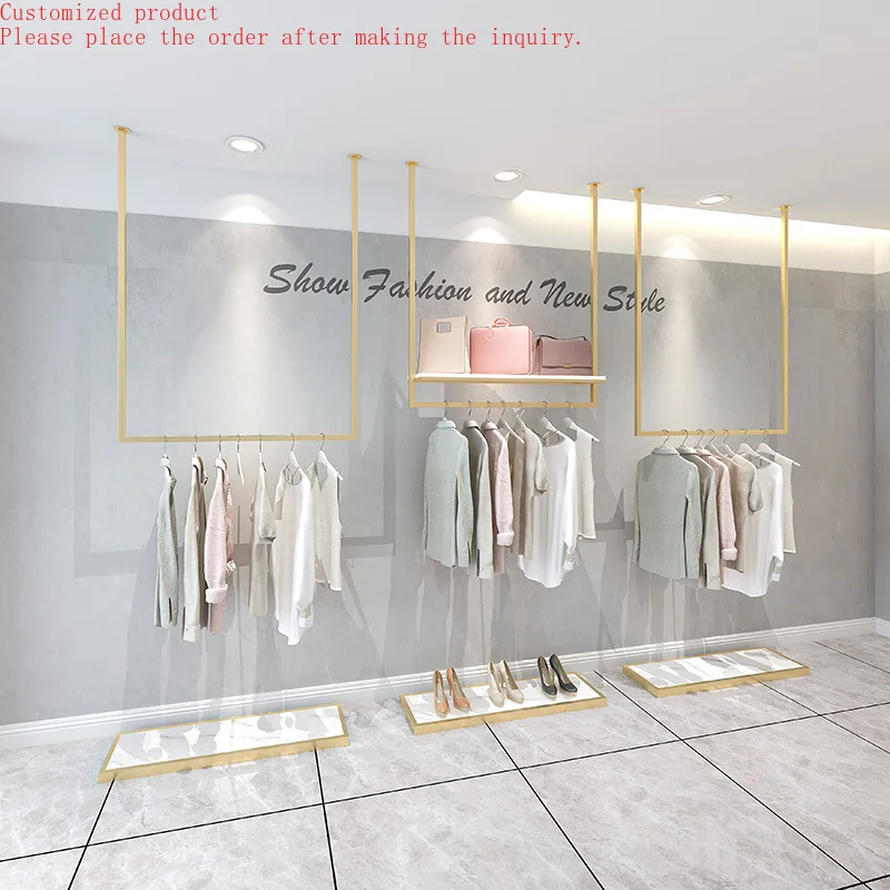 

Retail Clothes Shops Boutique Wall Mounted Garment Stand Stainless Steel Shiny Gold U Shape Clothing Rack Hanging on Ceiling