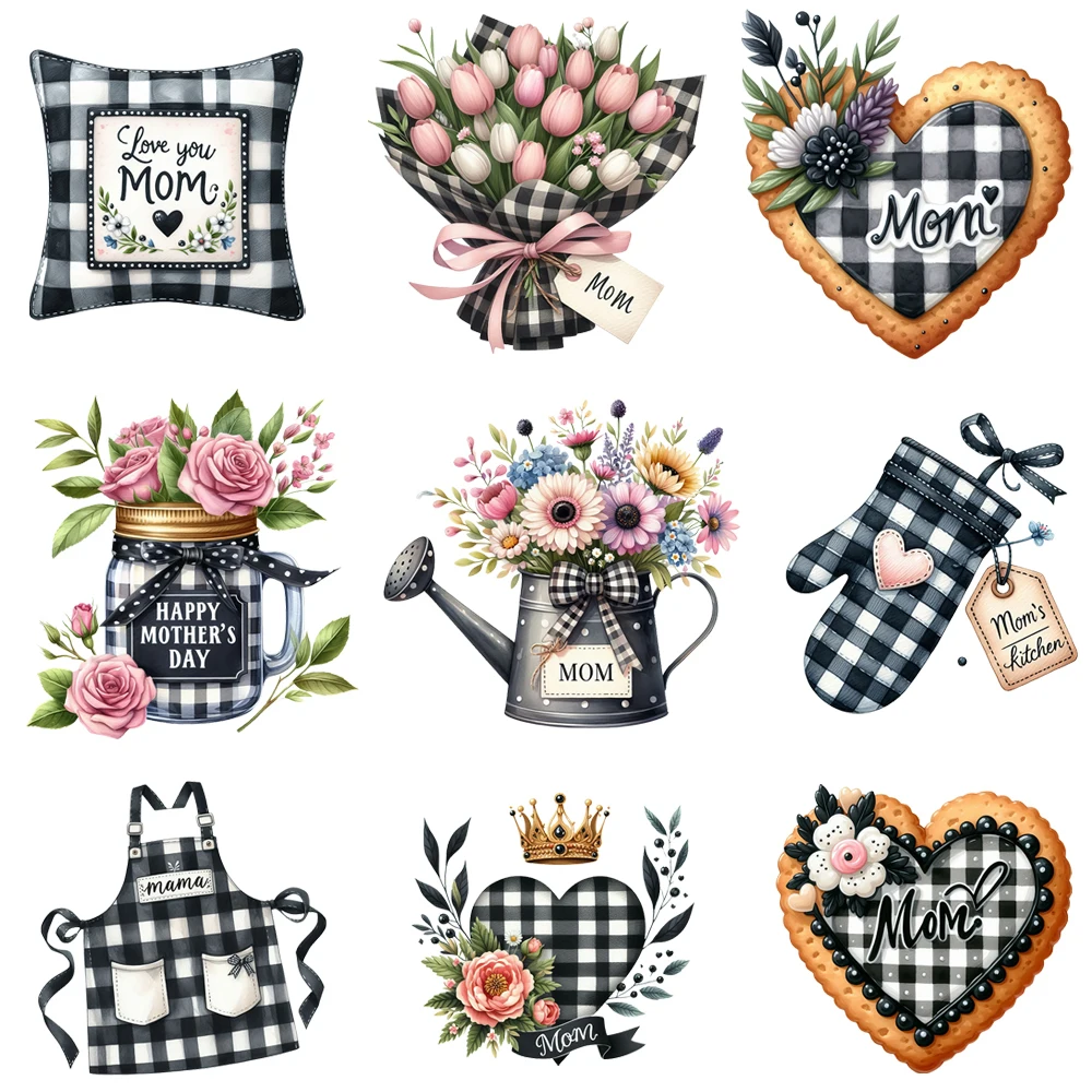 15cm Cute Black White Grid Mothers Day Flower Iron On Transfer Stickers Diy DTF Heat Transfer Sticker T-shirt Clothes Decals
