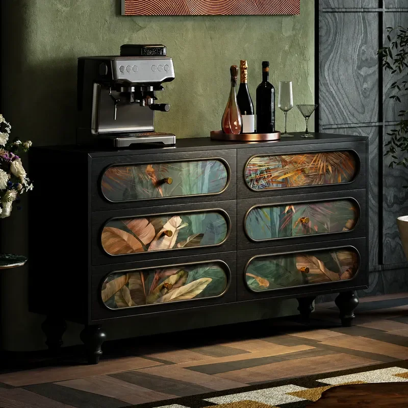 Medieval Green Ripple Layer Forest Solid Wood Six Drawer Chest Cabinet Living Room Entrance Storage Bedroom Decorative
