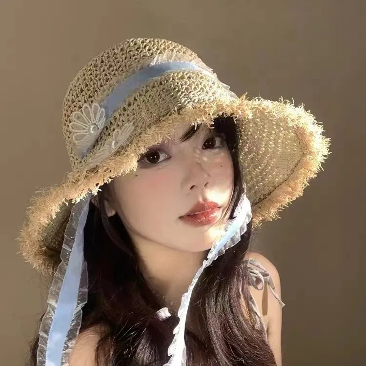 Hand-woven Straw Foldable Beach Hat Women Lace Flower Ribbon Adjustable Sun Cap Cute Fairly Summer Straw Sombrero Para Mujer