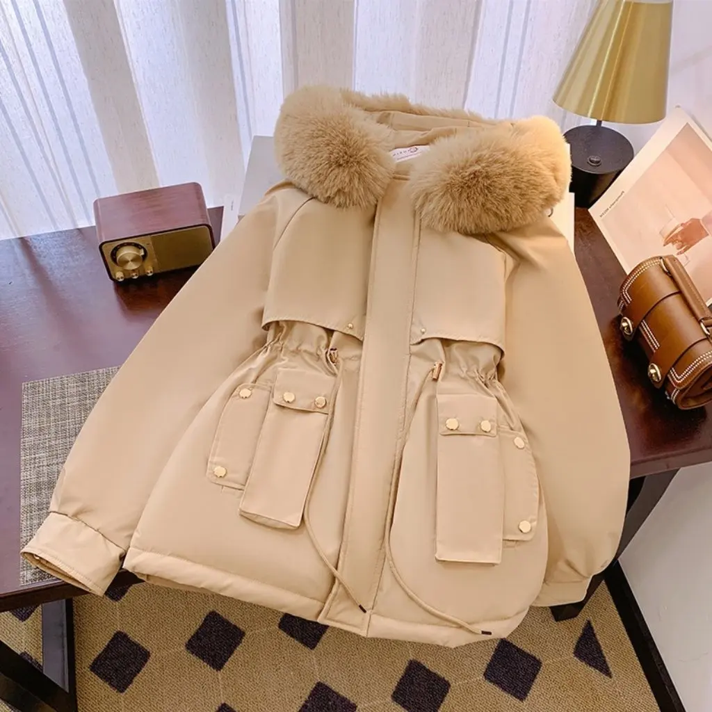 plus Size Women's Fleece-Line Thickened Cotton-Padded Jacket Wool Collar Autumn Winter Loose Outerwear Fashionable Parka