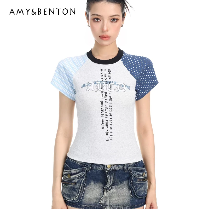 

Korean Design Polka Dot Splicing Printing Women's T-shirt 2026 Summer Sweet Cool Versatile Casual Short-sleeved T-shirt Ladies