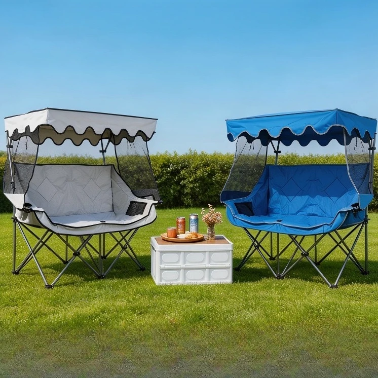 Beach Leisure Double Multifunctional Foldable Sofa Chair with Sun Roof Portable Outdoor Camping Backrest Seat