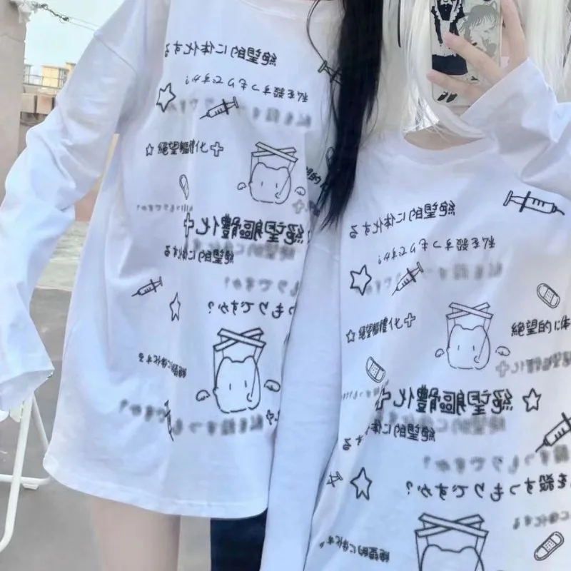 Sweet T-shirt Cartoon Print Cotton Japan Y2k Women T-shirt Long Sleeved Spring Autumn Winter White Round Neck Loose Leisure