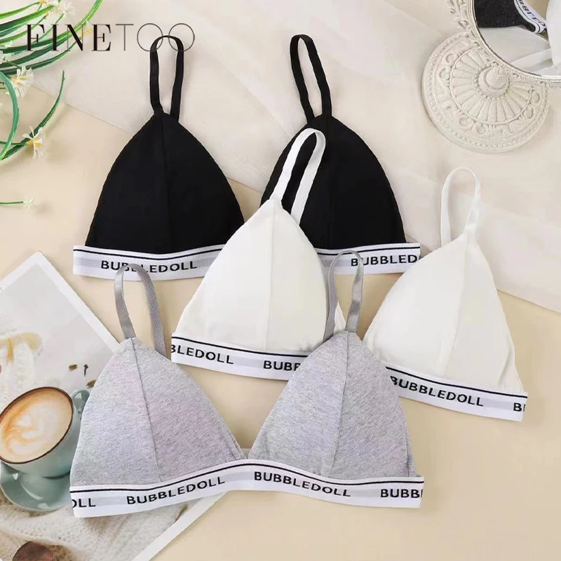 FINETOO Women Cotton Triangle Cups Bra Sexy Deep V Padded Brassiere Female Small Size Underwear Letter Push Up Lingerie Bralette