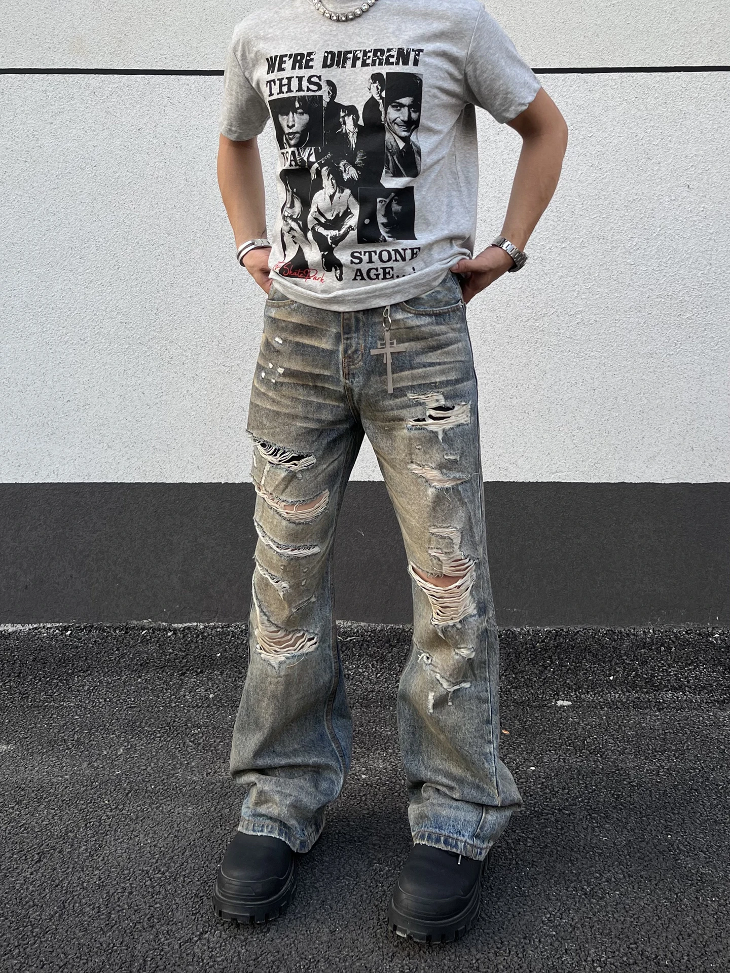 

Мужские джинсы в американском ретро-стиле, свободные, прямого кроя, износостойкие, с эффектом потертости и дырками, повседневные летние джинсы, молодежная мода