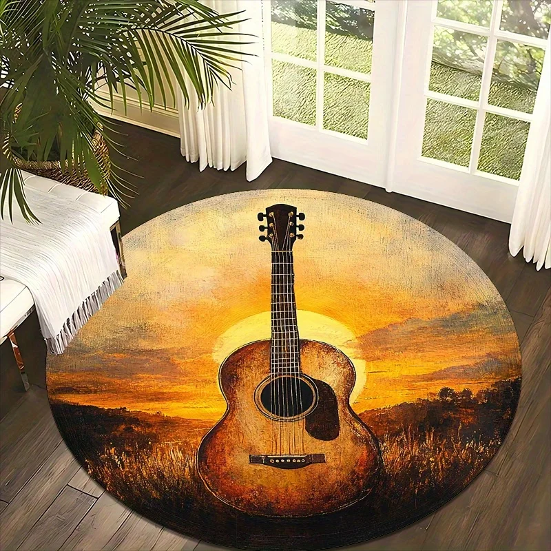 

Круглый коврик с 2D-изображением гитары и заката, машинная стирка, декор для дома, создает теплую и спокойную атмосферу, подходит для гостиной.
