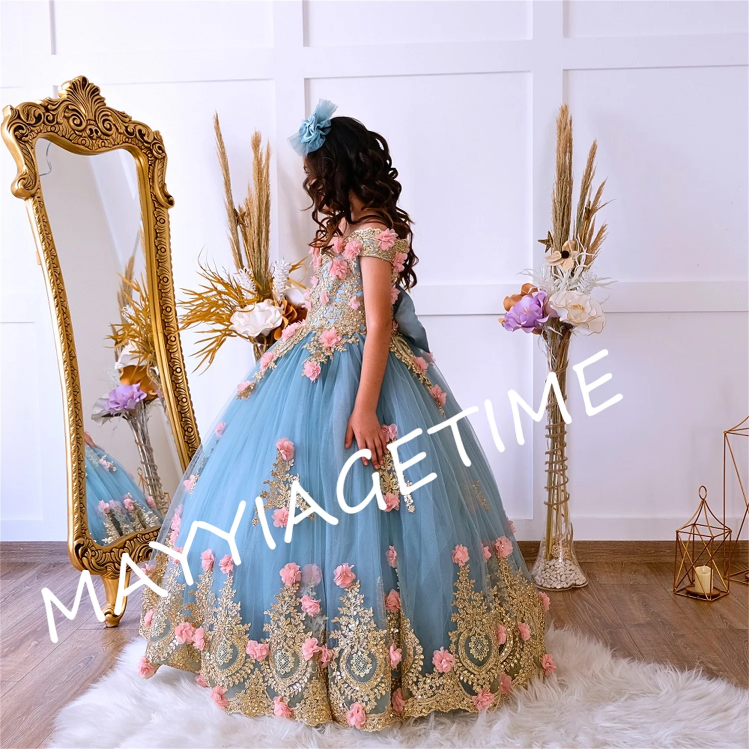 فستان أنيق أزرق حلو من Quinceanera للفتيات الصغيرات ، فستان بدون أكتاف ، مزين بالورود ، فساتين حفلات للأطفال ، أطفال ، صغار