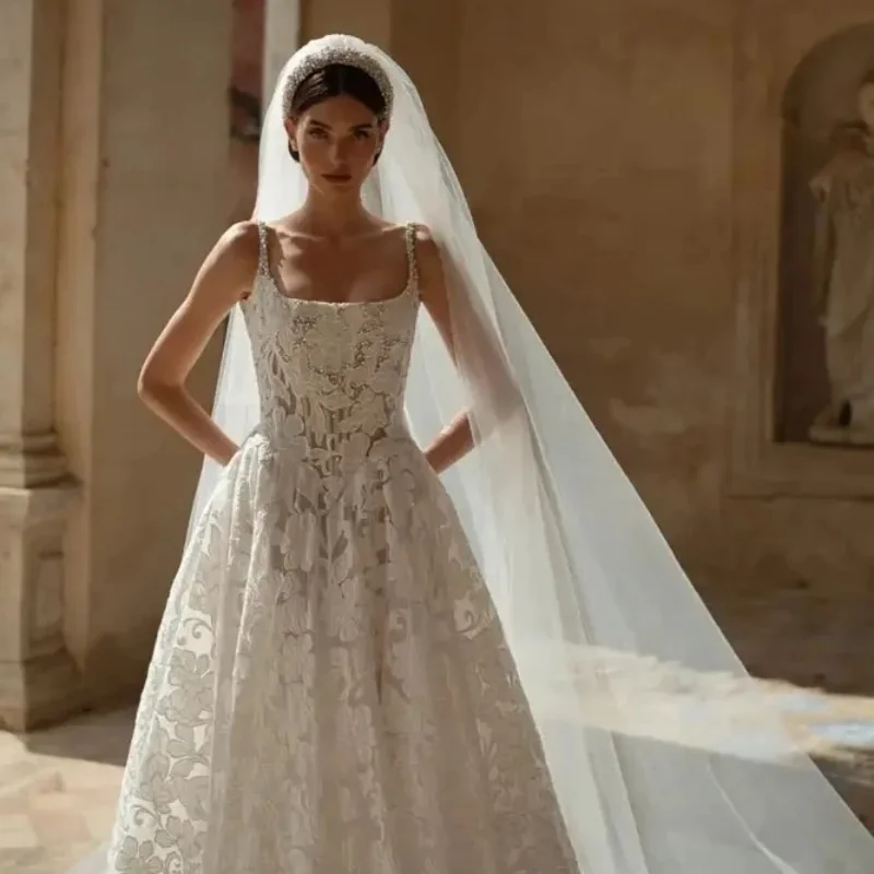 

Custom White Lace & Beaded Wedding Dress — Elegant Sleeveless Bridal Gown with Delicate Spaghetti Straps and Square Neckline