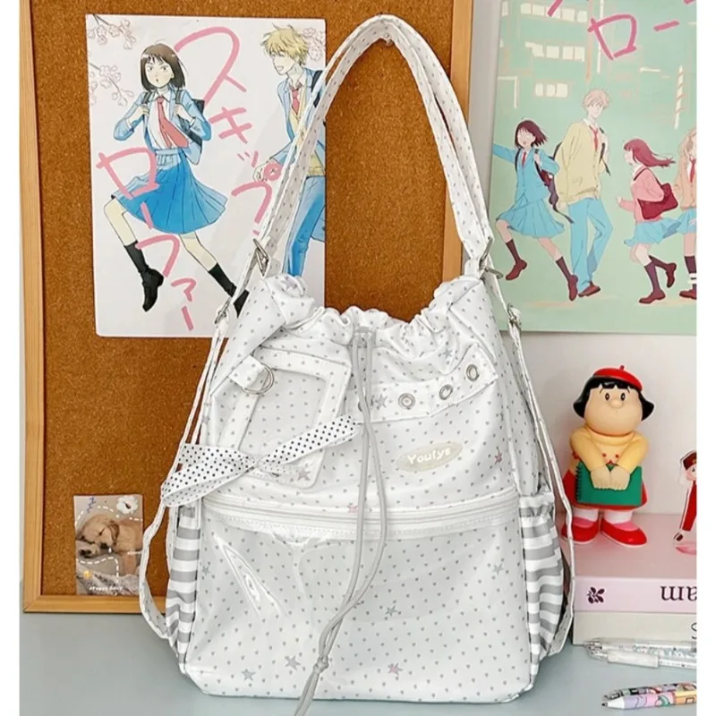 Cute Polka Dot Sweet Ita Backpack Drawstring Doll Bag with Clear Pin Pocket Multi-functional Bag for School Commute & Outings