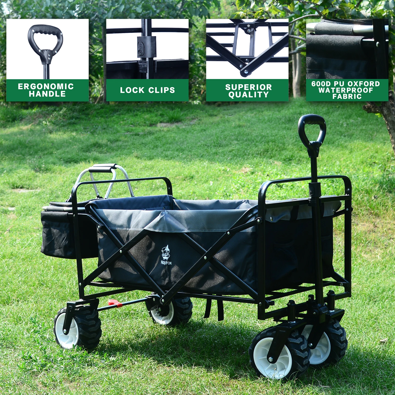 Collapsible Wagon,Wagons Carts Foldable Grocery Cart on Wheels Beach Wagon Foldable Cart with Wheels, Cargo Net, Black Grey