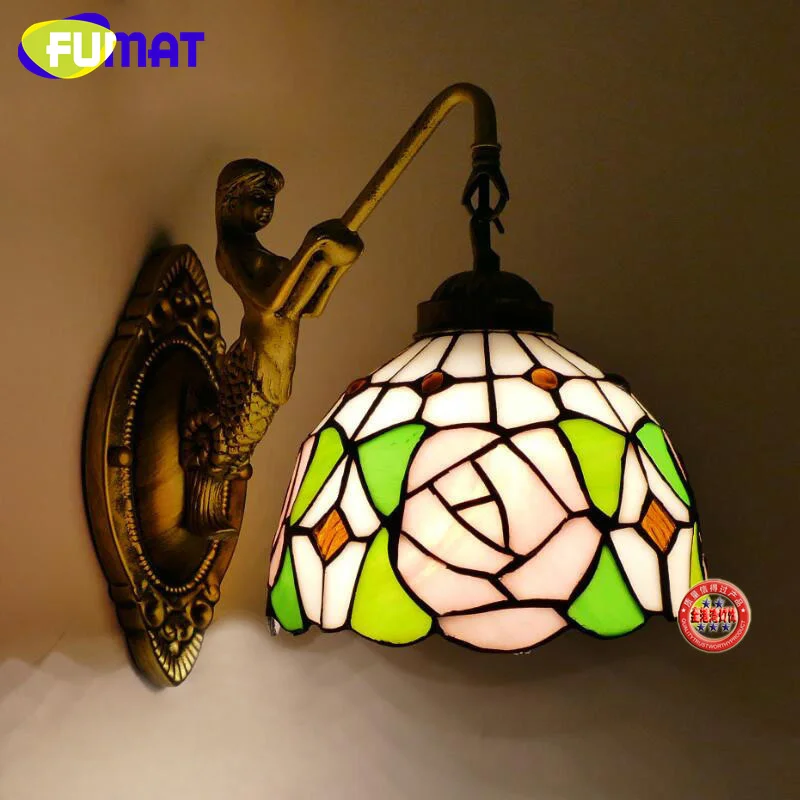 

FUMAT Tiffany style glass dragonfly rose wall lamp for European living room bedroom headboard aisle wall light LED decor