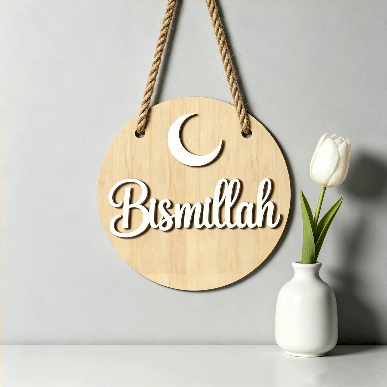 Bismillah Wooden Door Hanger, Islamic Muslim Crescent Sign with Jute Rope, Ramadan Eid Mubarak Home Wall Porch Decor