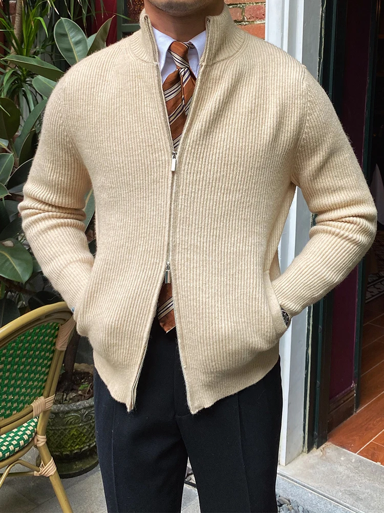 High-End Winter Stand Collar Long Sleeve Casual Cardigan Teenagers British Japanese Warm Rib Knit a Sweater Men