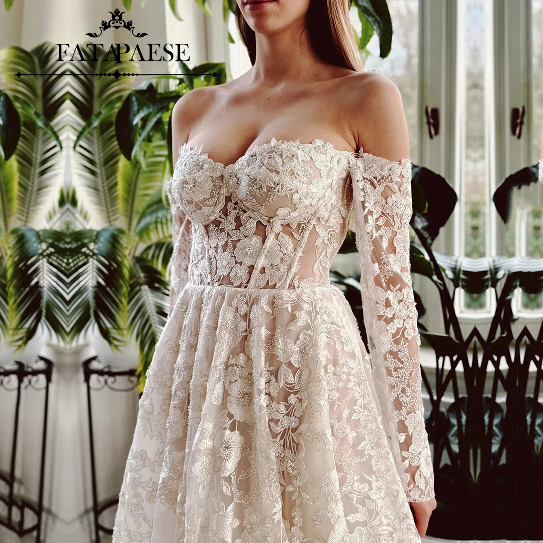 FATAPAESE Customized lace appliqués delicate glitter and long carmen sleeves A-line Skirt Bridal Wedding Gownvestidos de novia