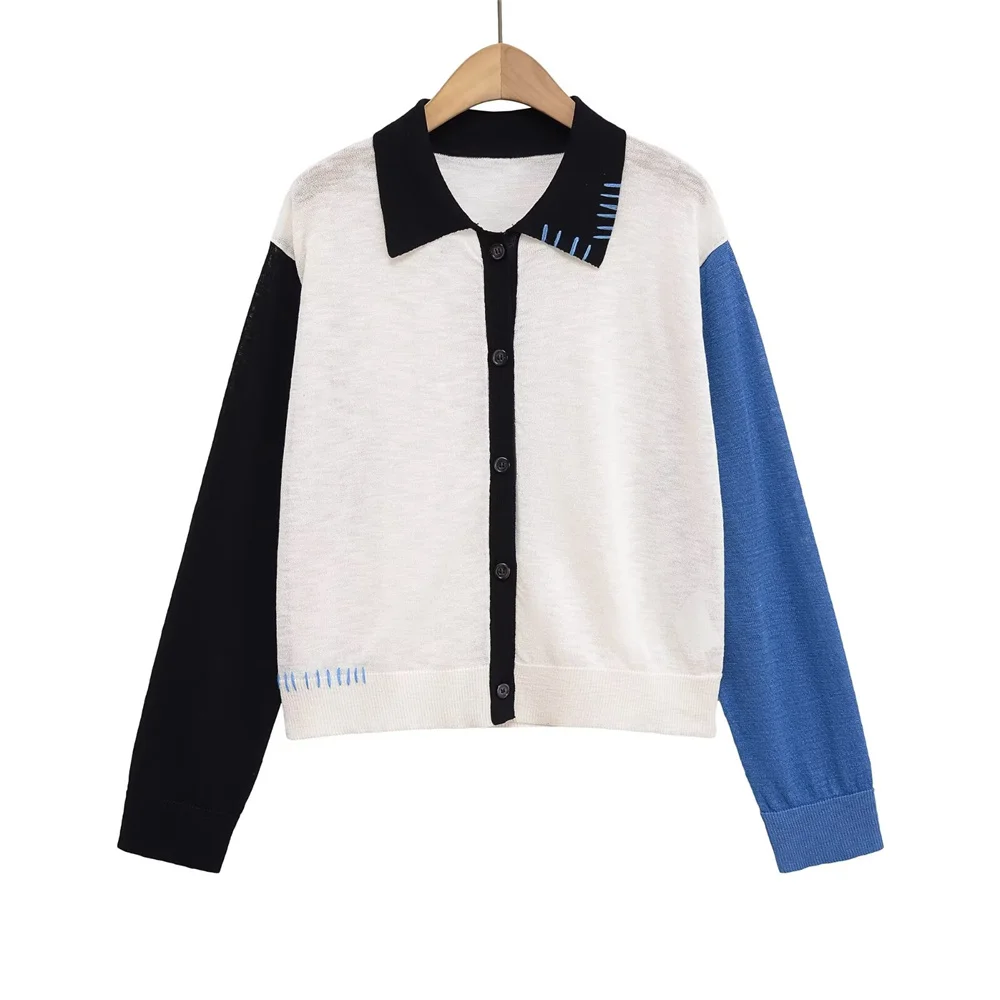 

Новая женская модная повседневная вязаная куртка контрастного цвета с откидным воротником и длинными рукавами