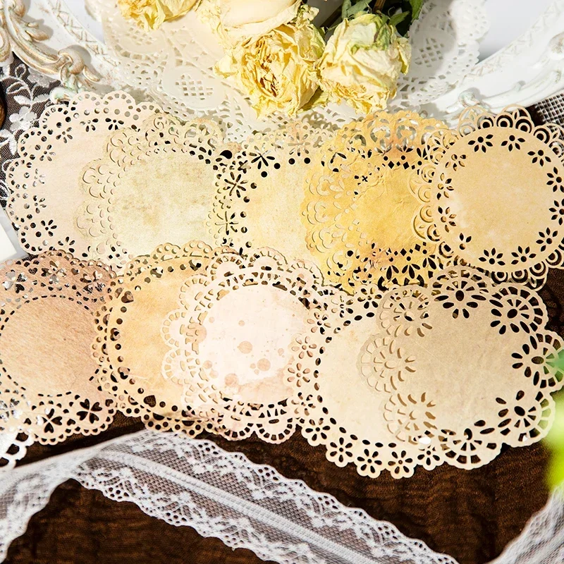 10Pcs Hollow Material Paper round Retro curry dye lace collage Collagedecoration DIY creative bottom Writing Scrapbook Supplies