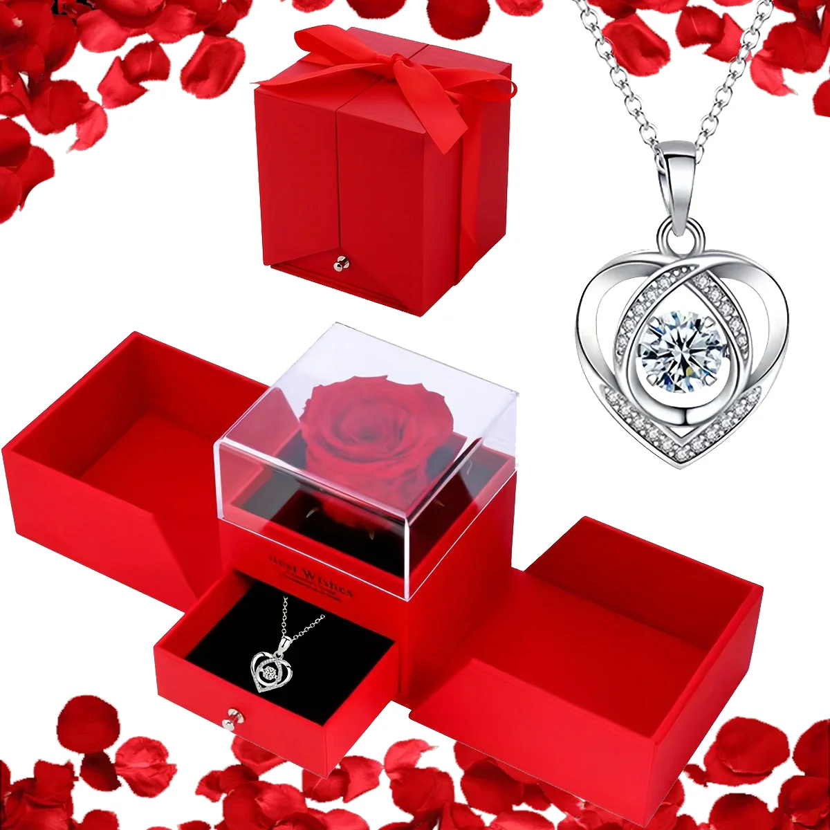 قلادة نسائية على شكل قلب مزدوج في صندوق هدايا وردي - هدية مجوهرات أنيقة أحبك مناسبة للأم والزوجة والصديقة