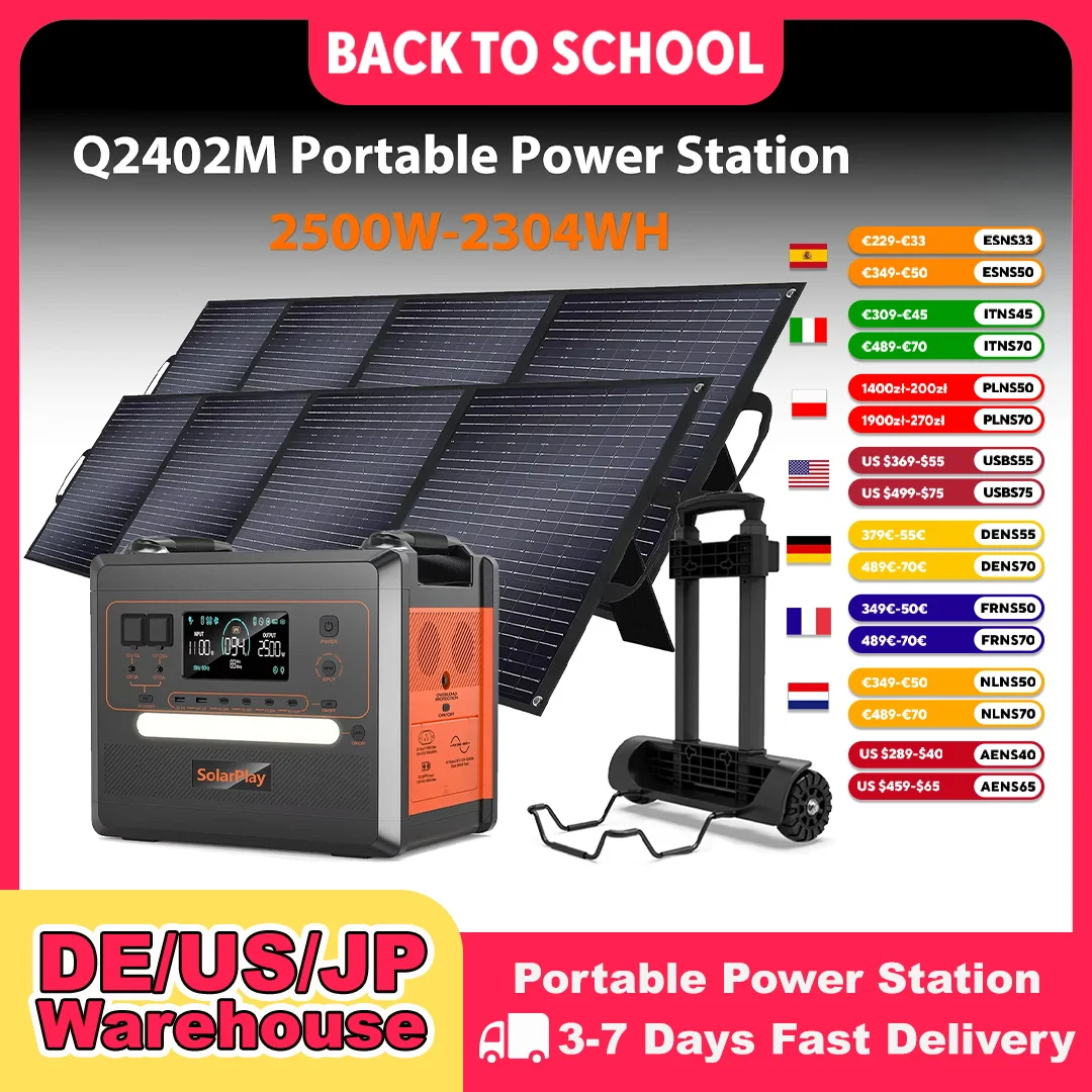 SOLARPLAY Q2402M Outdoor-Generator 2500W MPPT Tragbare Stromstation mit 200W Solarpanel und Trolley (optional) für Wohnmobil-Camping
