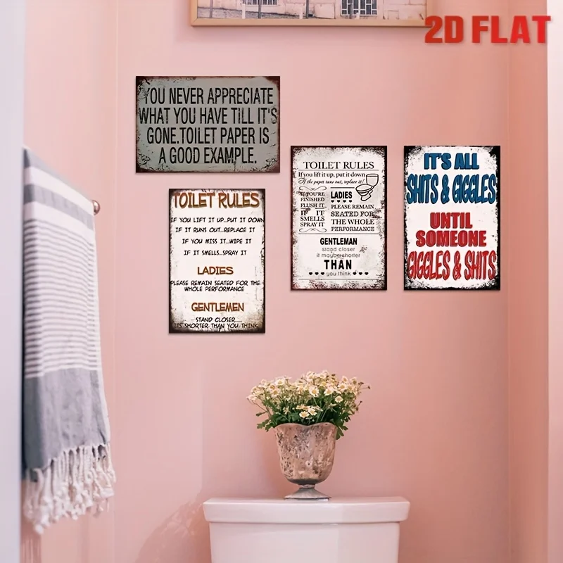 2D Flat, Decorative Sign& Plaque[2D Flat] 4pcs Vintage Metal Sign Toilet Humorous Restroom Themed Wall Art Decor Retro Plaque