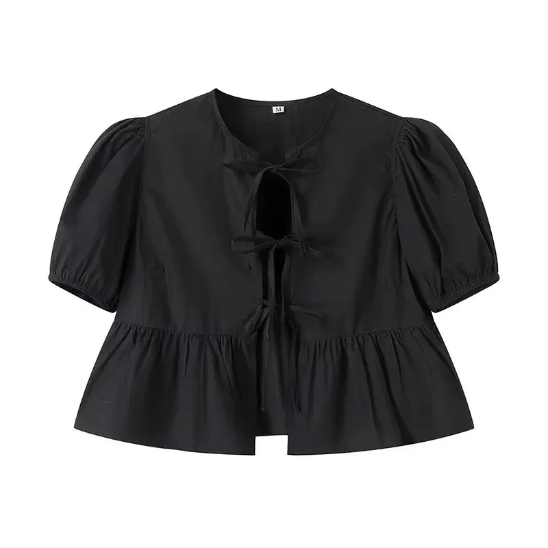 TRAF Ruffle Blouses Woman 2024 Puff Sleeve Shirts and Blouses for Women White Black Ruched Crop Top Female Ruched Bluzka damska