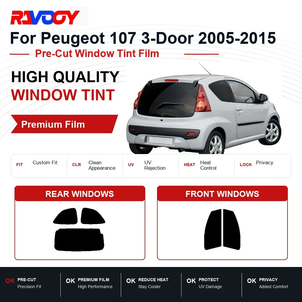 Premium Pre-Cut Window Tint For Peugeot 107 3-Door 2005-2015 Front & Rear Windows UV Heat Rejection Privacy Film