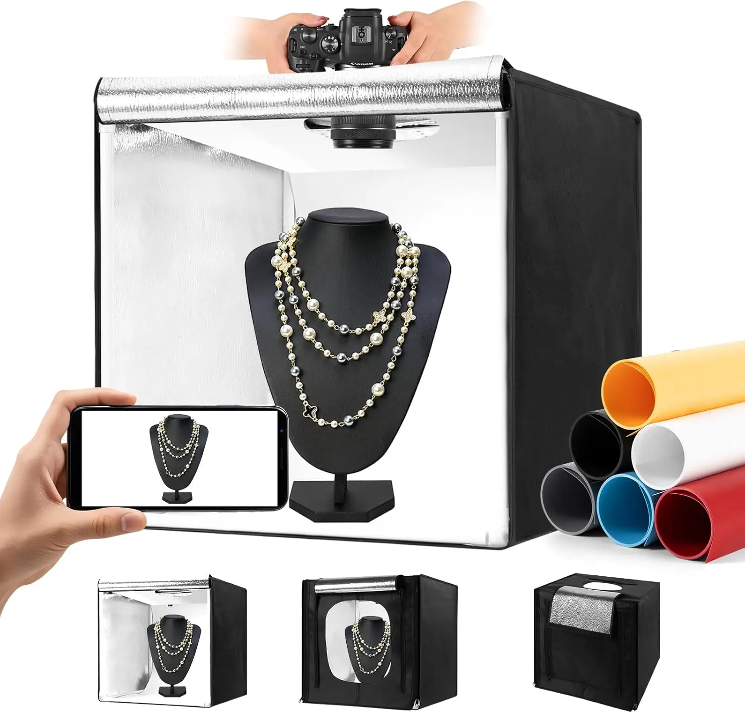 

Portable Photo Studio Light Box with Adjustable Lighting and Multiple Backdrops for Product Photography