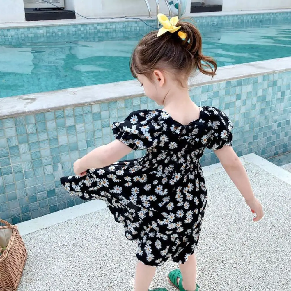 Robe de princesse à col carré pour petites filles, manches bouffantes, robe de fête d'été à fleurs, douce plage, vacances, robe d'anniversaire pour tout-petits