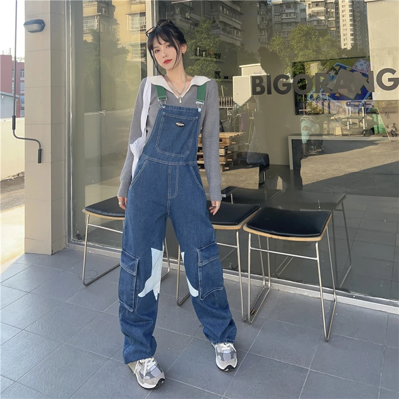 

Autumn Outsize Fashion Cool Design Sense Star Print Denim Strap Pants Women's Loose fitting Workwear Pants S-5XL 100KG