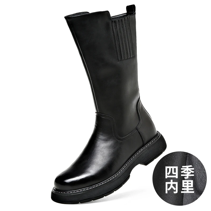 Long Boots Men\'s High Barrel Genuine Leather Knight Thick Sole Vintage High Top Denim Ankle Soft Leather Plush Elevated Horse