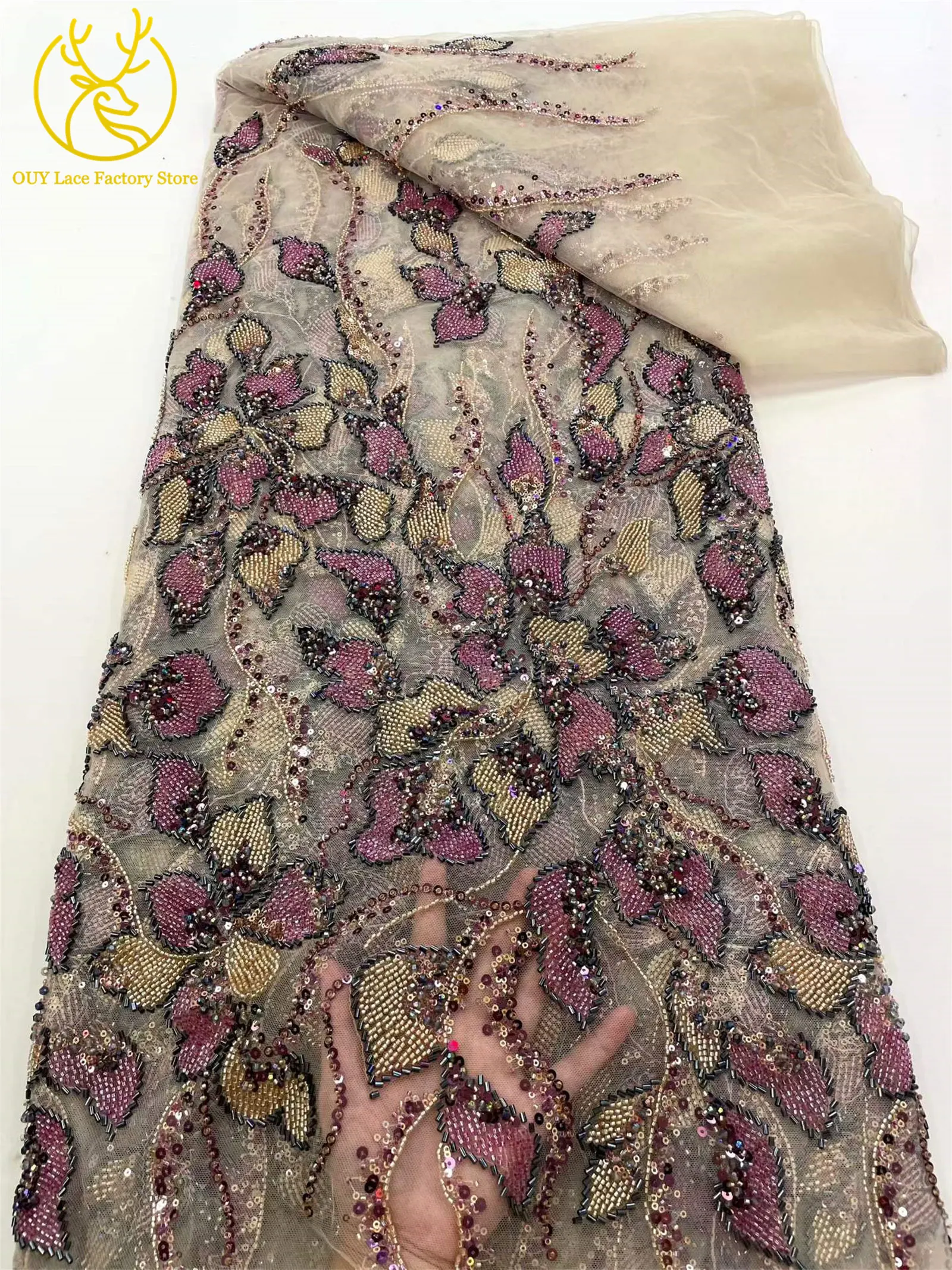 Heiß begehrter französischer Stickerei-Spitzenstoff mit Perlen und Pailletten, 5 Yards, afrikanischer Spitzenstoff, nigerianische Spitze für Brautkleider und Hochzeitsfeiern – Detail 13