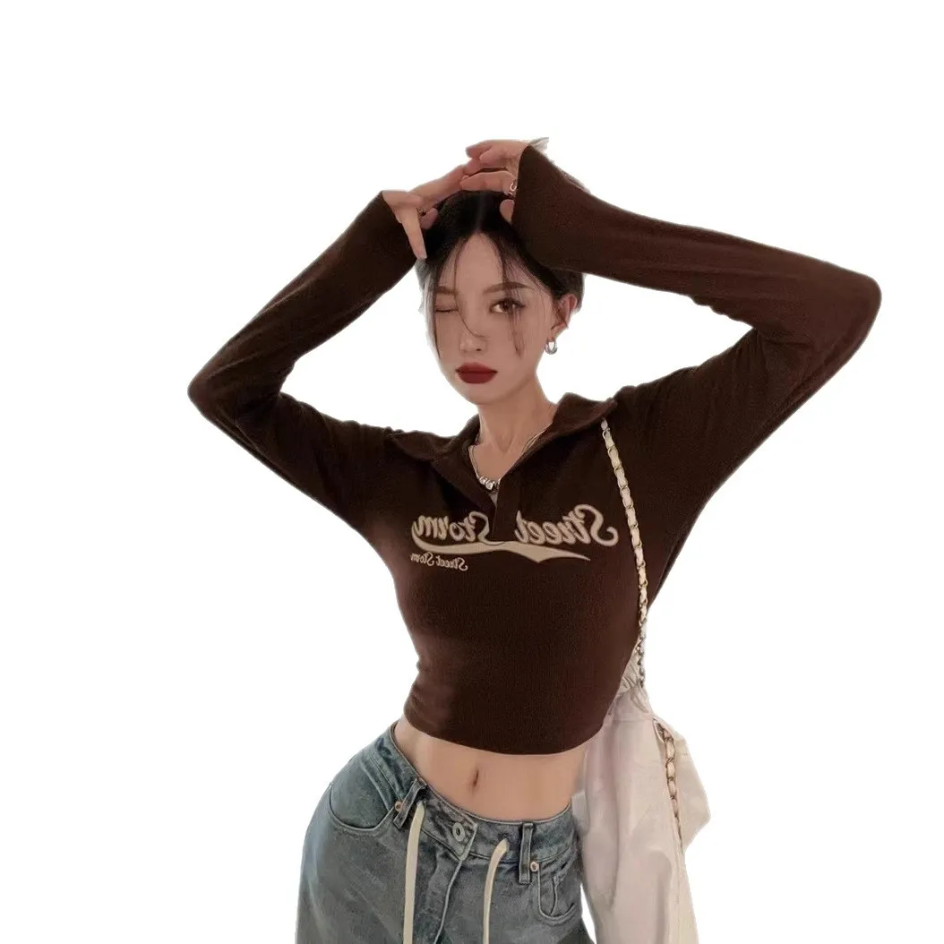 سليم صالح كم طويل تي شيرت المرأة عالية الخصر المحاصيل الأعلى قاعدة قميص النمط الأمريكي الرجعية القطن مزيج الخامس الرقبة طباعة عادية #5