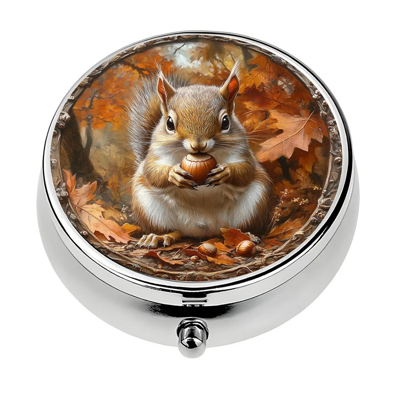 1 three-compartment pill box, autumn squirrel pattern mini pill box, pill storage box, unique gift, travel portable pack